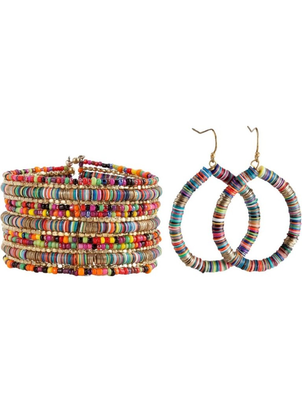 Boho Chic Beaded Jewelry Set - Multicolor Hoop Earrings & Stacked Cuff Bracelet